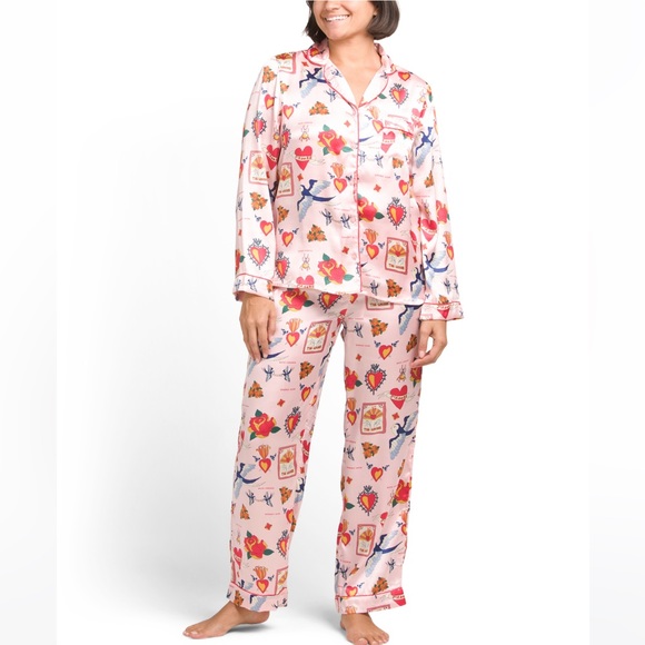 Tattoo Print Pink Silky Satin Pajama Set XL - Picture 1 of 13
